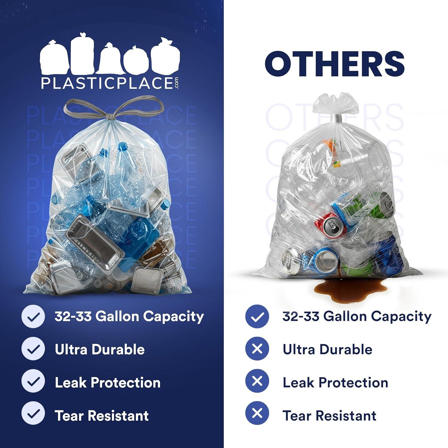 image:imagePlasticplace 3233 Gallon Recycling Bags 09 Mil Clear Drawstring Garbage Can Liners 33 x 38 100 Count