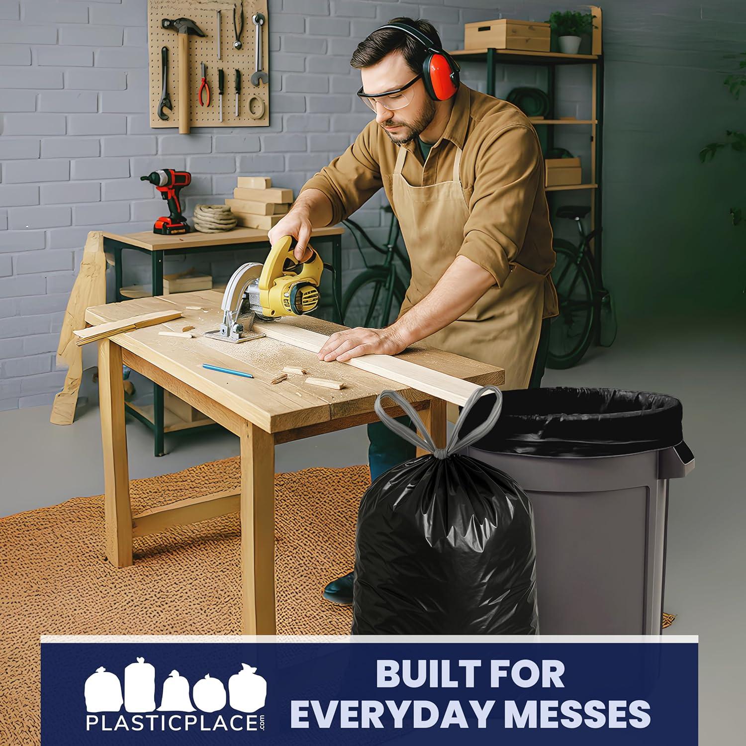 image:imagePlasticplace 3233 Gallon Trash Bags 12 Mil Drawstring Garbage Can Liners 33 x 39 Black 100 Count