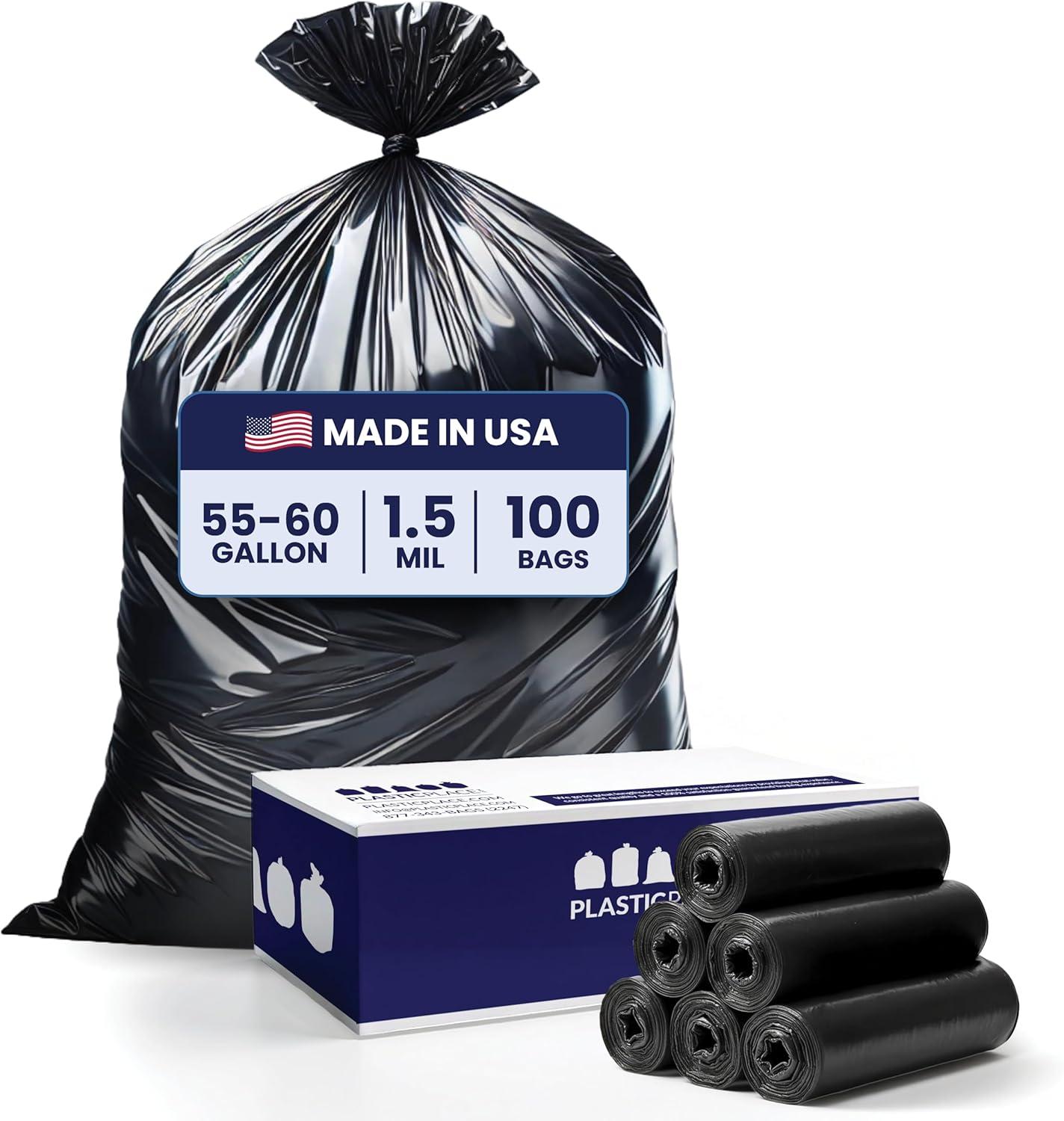image:imagePlasticplace 5560 Gallon Trash Bags Heavy Duty Black Garbage Can Liners PunctureResistant Star Seal 38 x 58 100 Count for Warehouse Kitchen and Outdoor Use 15 MilBlack
