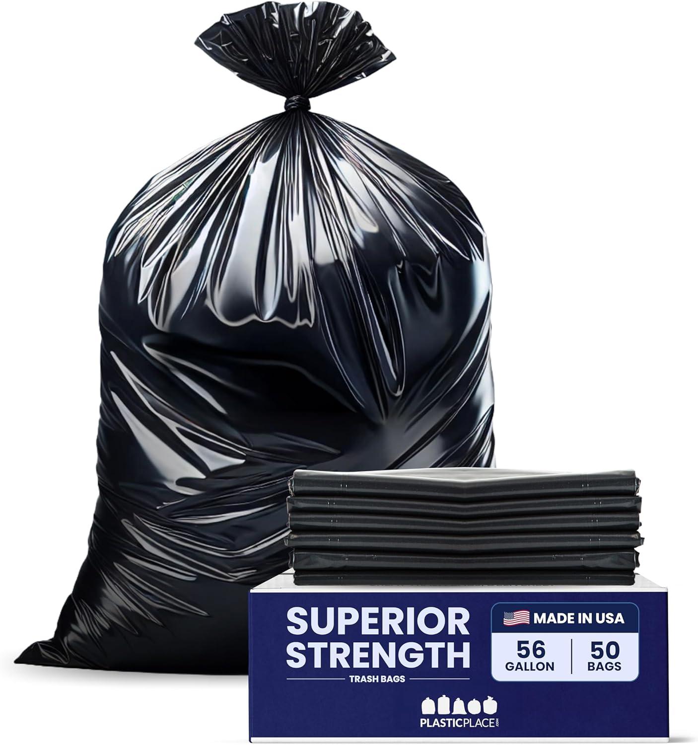 image:imagePlasticplace 56 gallon Trash Bags 15 Mil Clear Heavy Duty Liners Fits Glutton Garbage Can 43 x 46 50 Count W56LDC1Black