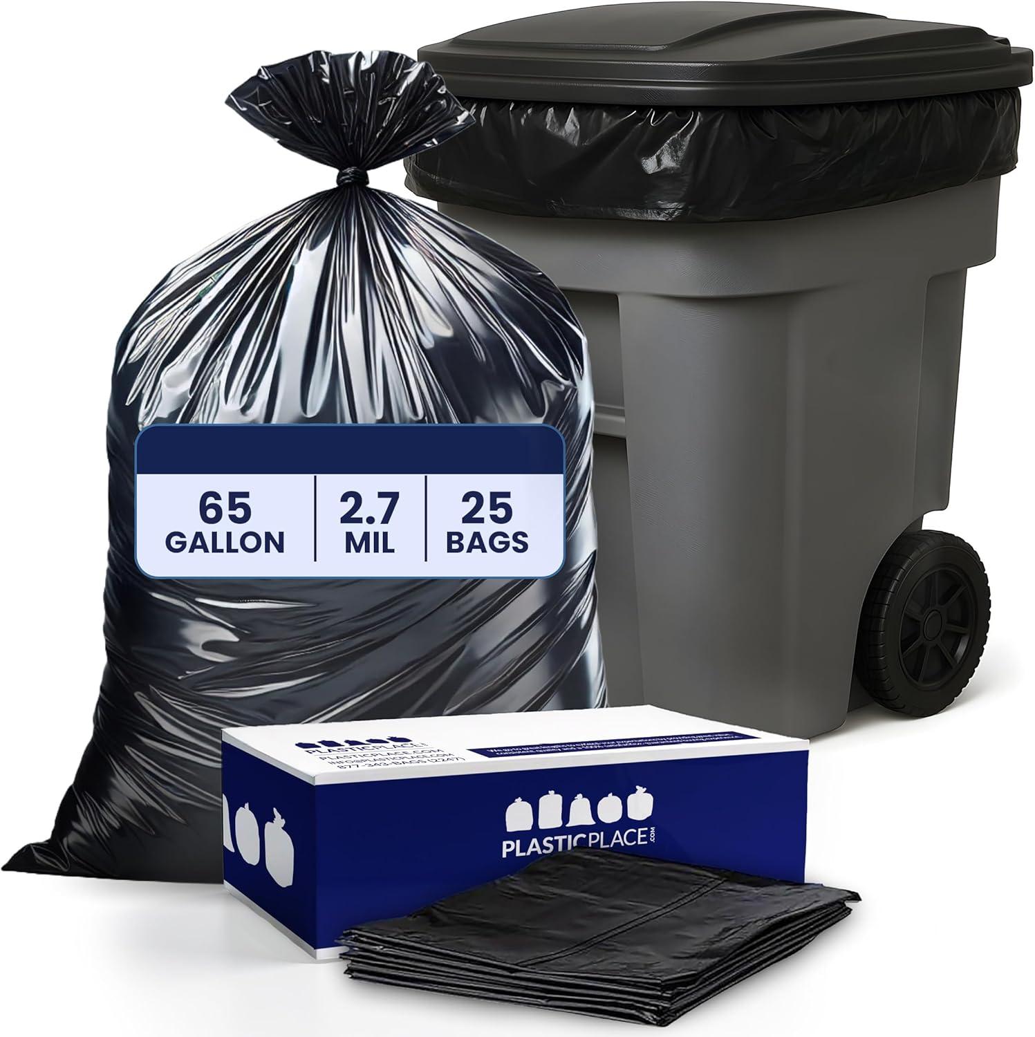 image:imagePlasticplace 65 Gallon Trash Bags 27 Mil Black Heavy Duty Garbage Can Liners 100 Count Pack of 125 Count Pack of 1