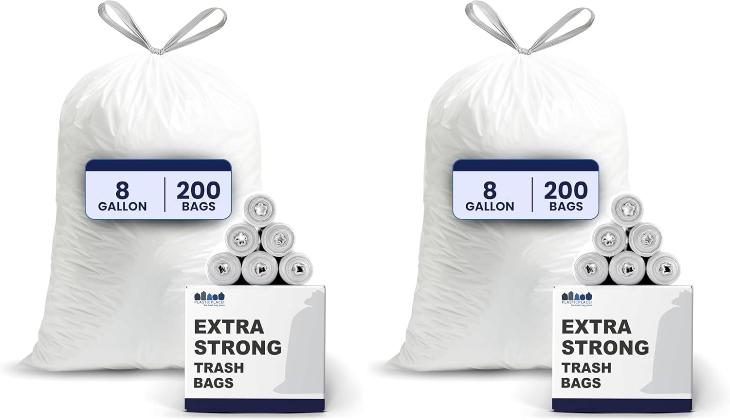 image:imagePlasticplace 8 Gallon Trash Bags White Drawstring Garbage Can Liners 200 Count LeakResistant and TearProof for Kitchen Bathroom Office and Small Trash Cans 07 MilUnscented