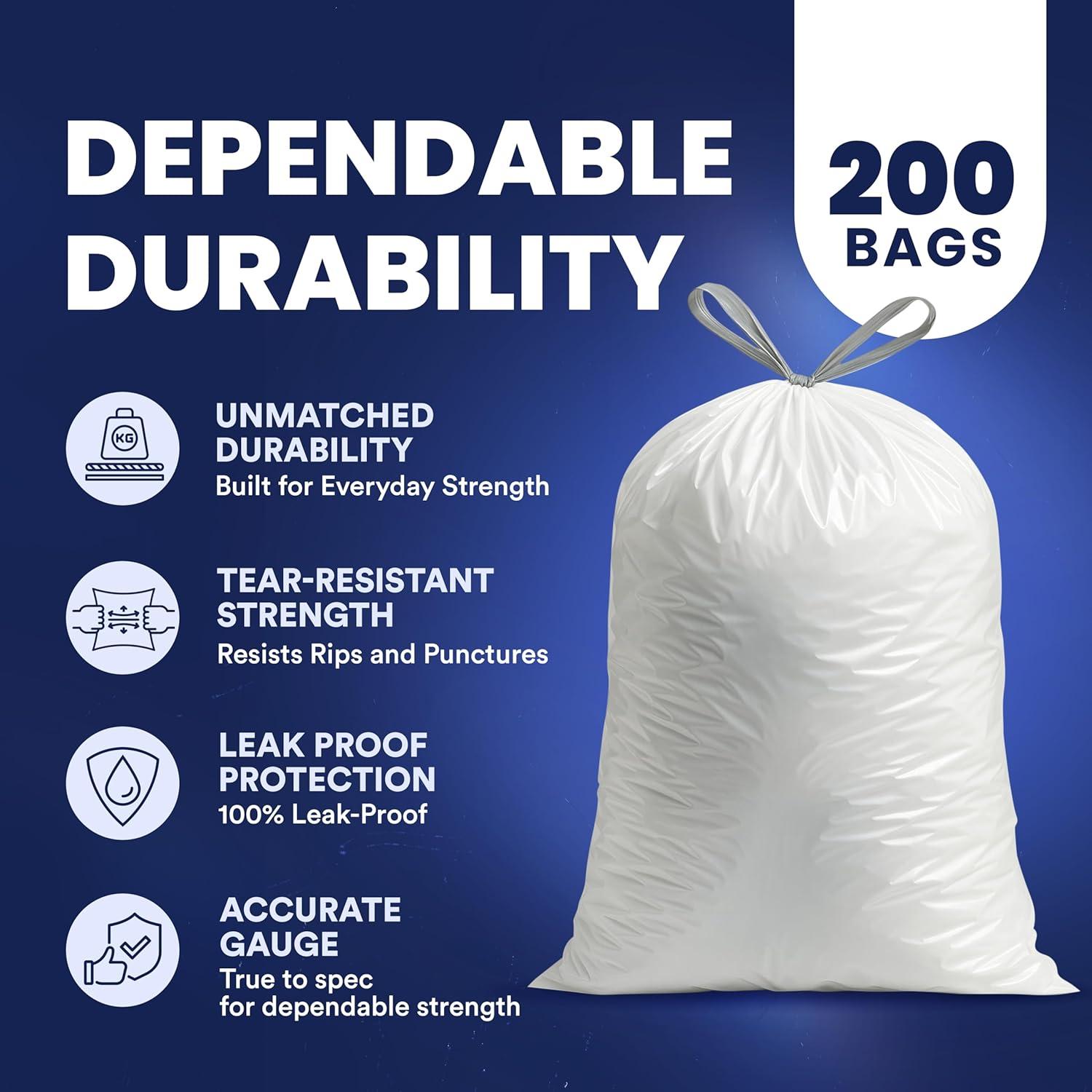 image:imagePlasticplace 8 Gallon Trash Bags White Drawstring Garbage Can Liners 200 Count LeakResistant and TearProof for Kitchen Bathroom Office and Small Trash Cans 07 MilUnscented