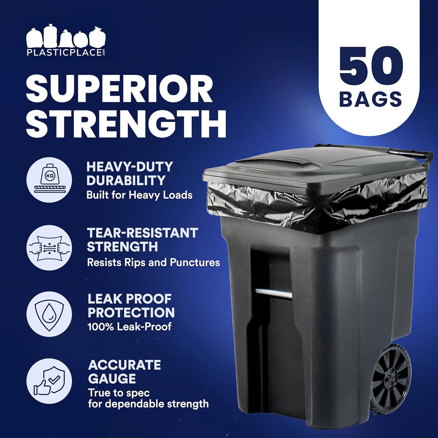 image:imagePlasticplace 9596 Gallon Trash Bags 20 Mil Black Heavy Duty Garbage Can Liners 61 x 68 50 Count