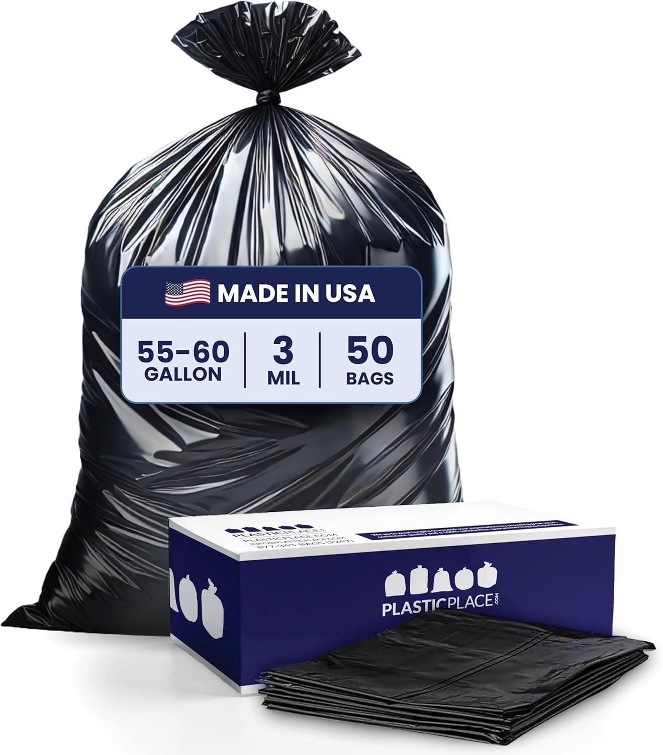 image:imagePlasticplace Contractor Trash Bags 5560 Gallon 30 Mil Black Heavy Duty Garbage Bag 38 X 58 50CountBlack
