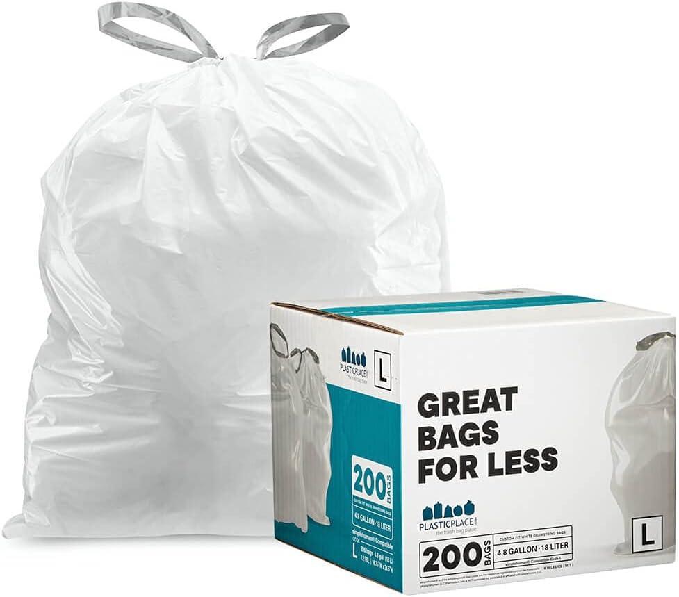 image:imagePlasticplace Custom Fit Trash Bags Compatible with Simplehuman Code L 200 Count White Drawstring Garbage Liners 48 Gallon 18 Liters 1675 x 245White