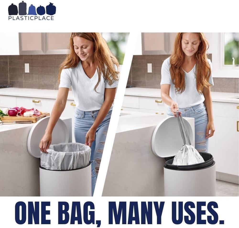 image:imagePlasticplace Custom Fit Trash Bags Compatible with Simplehuman Code M 12 Gallon Drawstring Garbage Bags 200 Count TearResistant Trash Can Liners for Kitchen and Office 12 Mil White 21 x 305White