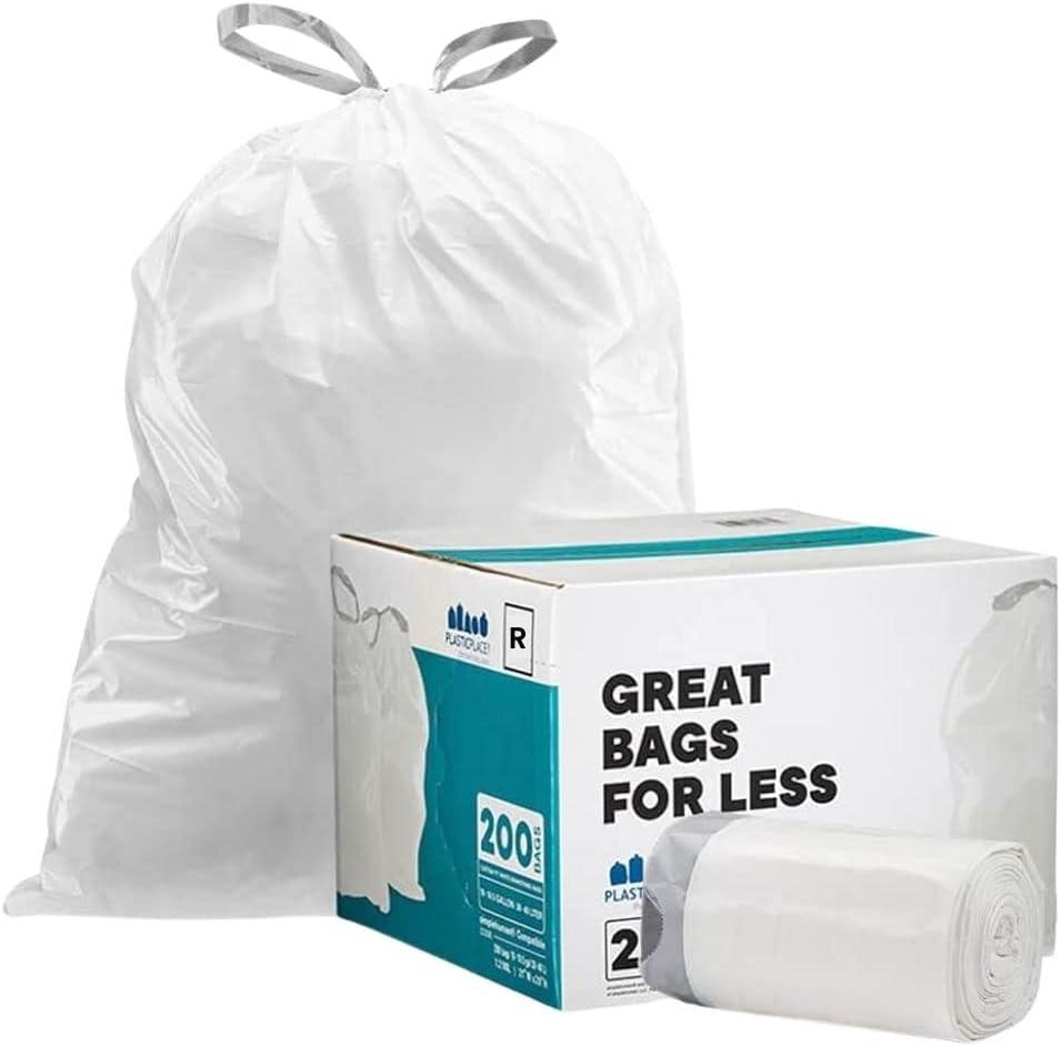 image:imagePlasticplace Custom Fit Trash Bags Compatible with simplehuman Code R 200 Count White Drawstring Garbage Liners 26 Gallon 10 Liter 165 x 18White