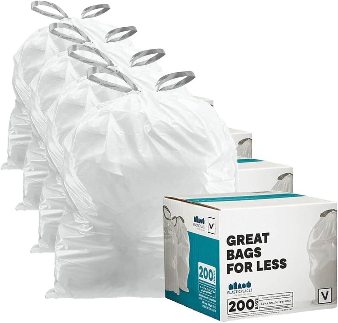 image:imagePlasticplace Custom Fit Trash Bags Compatible with simplehuman Code V 100 Count White Drawstring Garbage Liners 4248 Gallon 1618 Liter 145 x 275White