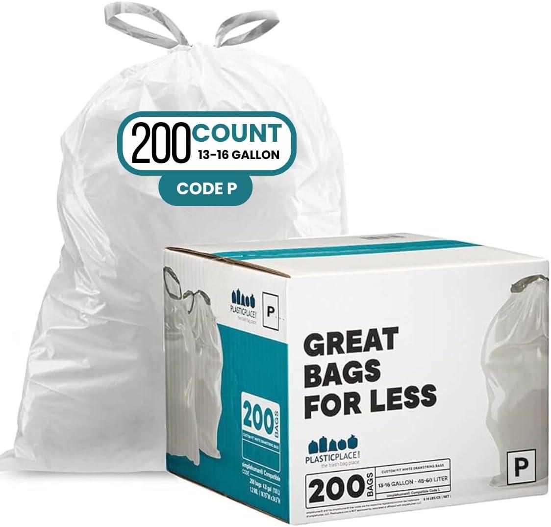image:imagePlasticplace Drawstring Trash Bags Compatible with simplehuman Code P White Garbage Liners 1316 Gallon 5060 Liter 235 x 315 200 CountWhite