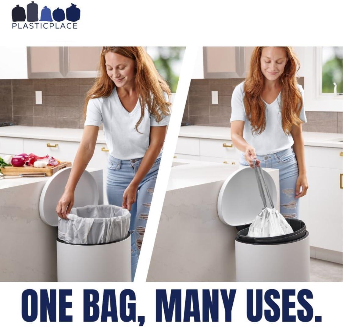 image:imagePlasticplace Drawstring Trash Bags Compatible with simplehuman Code P White Garbage Liners 1316 Gallon 5060 Liter 235 x 315 200 CountWhite