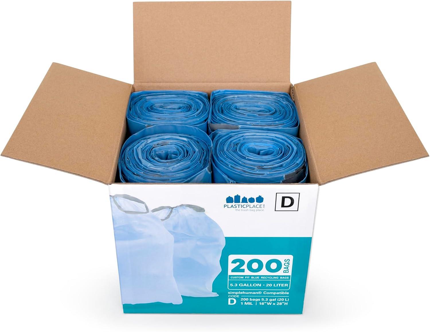 image:imagePlasticplace Trash Bags Compatible with simplehuman Code D 200 Count White Drawstring Garbage Liners 53 Gallon 20 Liter 1575 x 28Blue