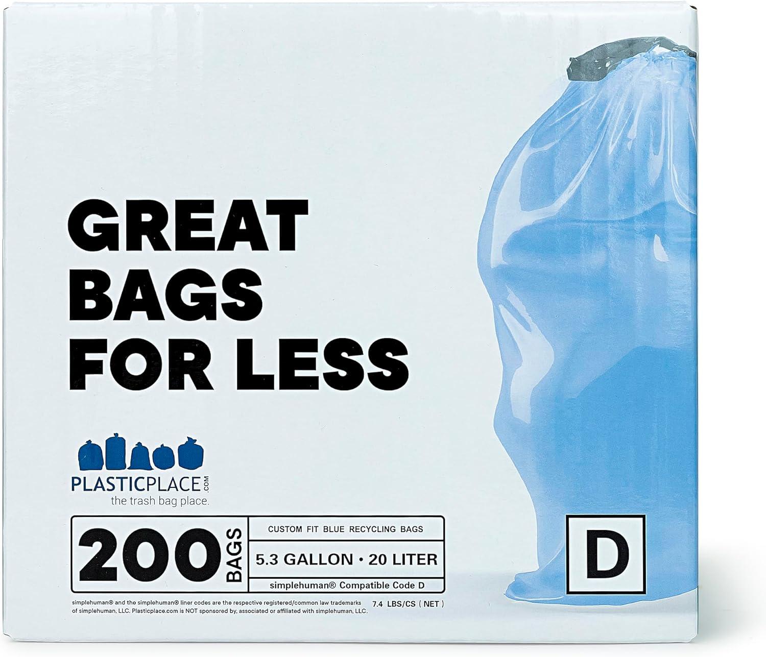 image:imagePlasticplace Trash Bags Compatible with simplehuman Code D 200 Count White Drawstring Garbage Liners 53 Gallon 20 Liter 1575 x 28Blue