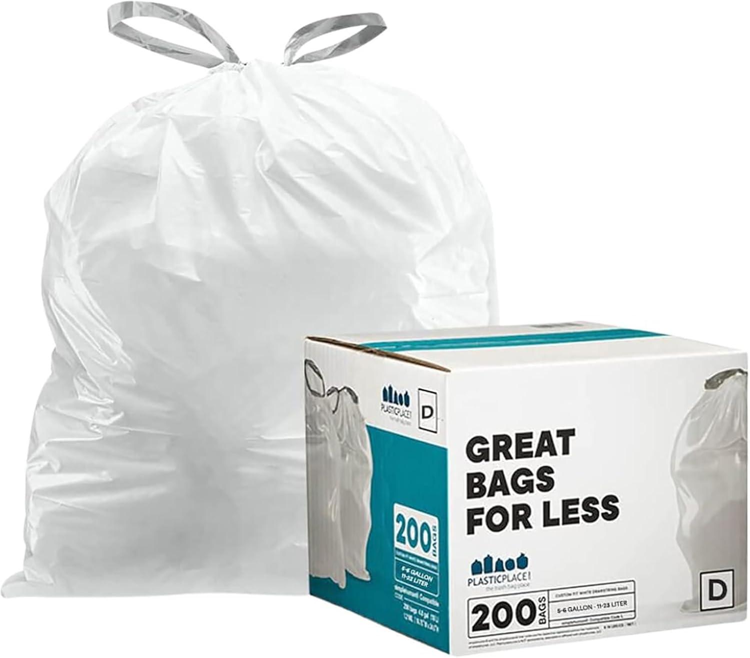 image:imagePlasticplace Trash Bags Compatible with simplehuman Code D 200 Count White Drawstring Garbage Liners 53 Gallon 20 Liter 1575 x 28White