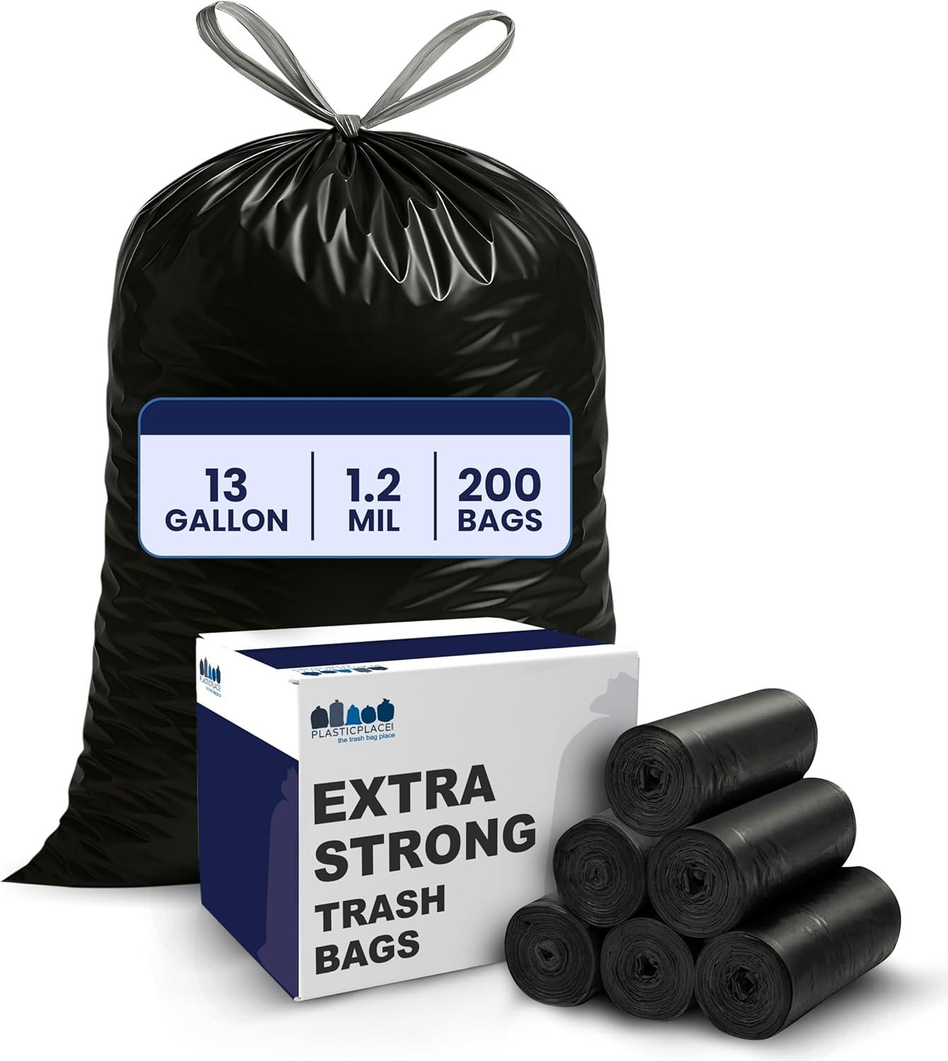 image:imagePlasticplace W13DSBKJR 13 Gallon Trash Bags 12 Mil 50 Count Black Extra Tall Garbage Can Liners 24 x 31Black