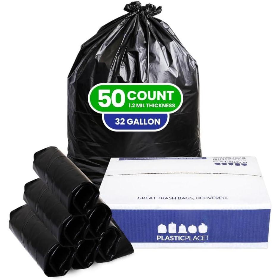 image:imagePlasticplace 32 Gallon Trash Bags Garbage Can Liners for Toter Heavy Duty Contractor Black Garbage Bags TearResistant LeakProof Extra Large Can Liners 44 x 54 50 Count Trashbags 12 Mil