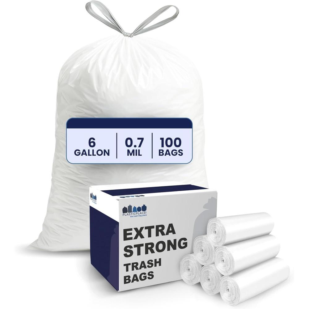 image:imagePlasticplace 4 6 Gallon White Drawstring Bags 100 Prime Material 17x20 07 Mil 200CaseWhite