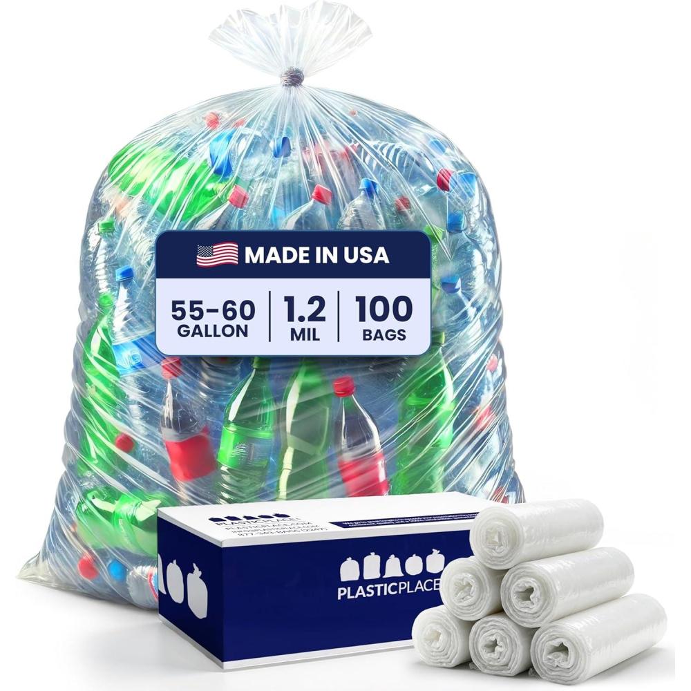 image:imagePlasticplace 5560 gallon Trash Bags 12 Mil Clear Garbage Can Liners 38 x 58 100CountTransparent