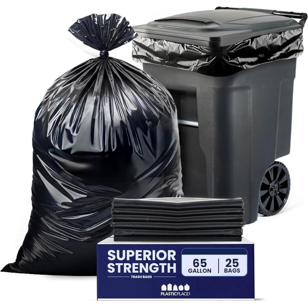image:imagePlasticplace 65 Gallon Trash Bags 27 Mil Black Heavy Duty Garbage Can Liners 100 Count Pack of 125 Count Pack of 1