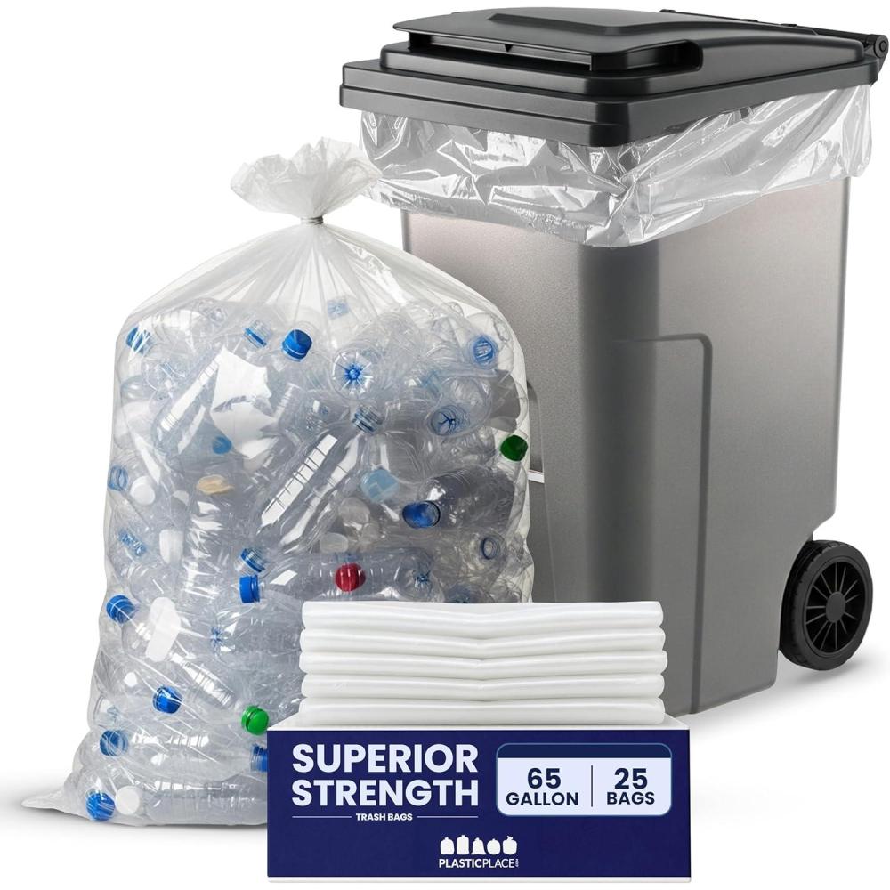 image:imagePlasticplace 65 Gallon Trash Bags 27 Mil Clear Heavy Duty Garbage Can Liners 50 x 48 25 Count1 Count Pack of 25