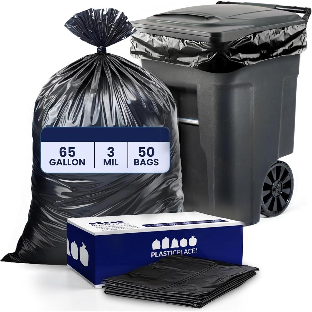 image:imagePlasticplace 65 Gallon Trash Bags 30 Mil Black Heavy Duty Garbage Can Liners 50 X 48 50Count