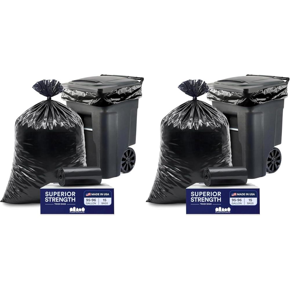 image:imagePlasticplace 9596 Gallon Heavy Duty Black Trash Bags Contractor Grade Extra Large Garbage Bags for Construction amp Outdoor Trash Cans 12 Mil Thick 61 x 68 15 Count Roll15 Count Pack of 2