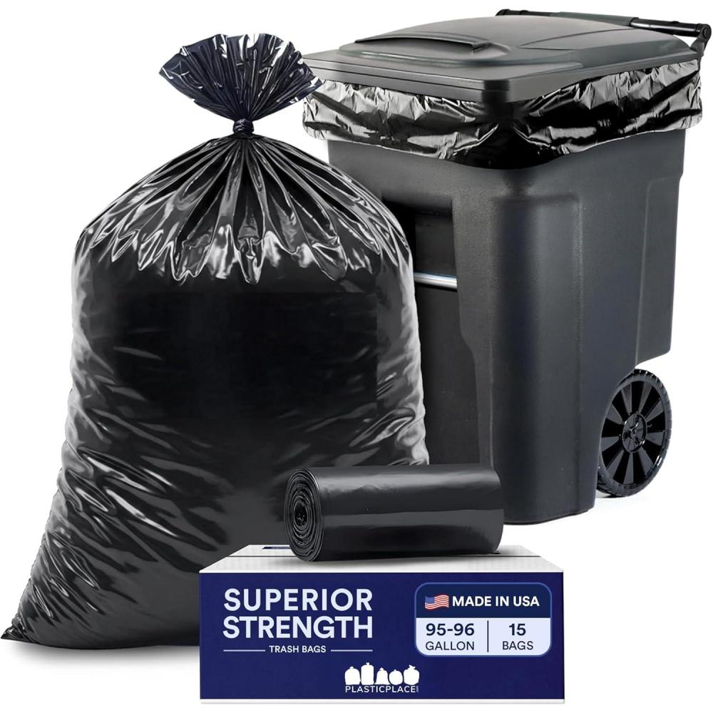 image:imagePlasticplace 9596 Gallon Heavy Duty Black Trash Bags Contractor Grade Extra Large Garbage Bags for Construction amp Outdoor Trash Cans 12 Mil Thick 61 x 68 15 Count Roll15 Count Pack of 1