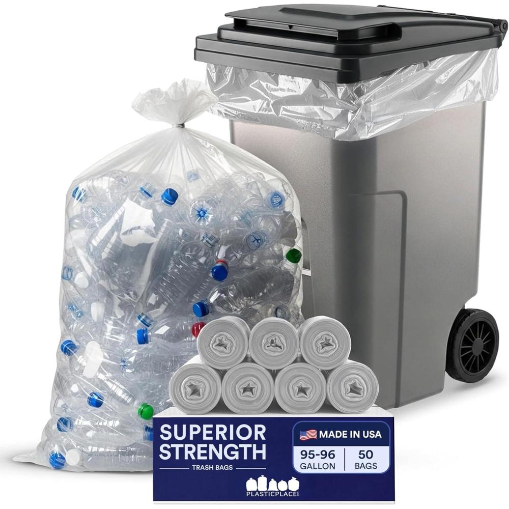 image:imagePlasticplace 9596 gallon Garbage Can Liners  2 Mil  Clear Heavy Duty Trash Bags  61 X 68 25Count1 Count Pack of 50