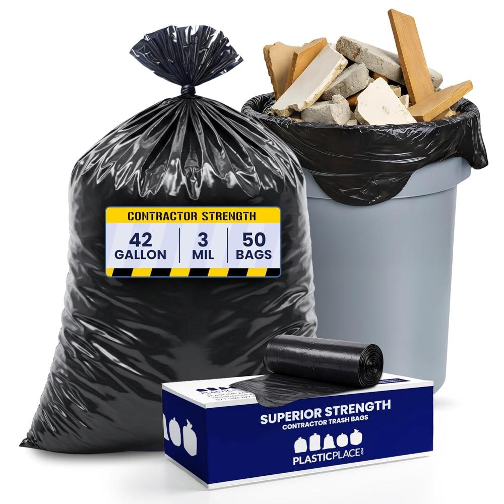 image:imagePlasticplace Contractor Trash Bags 42 Gallon 30 Mil Flaps Black Heavy Duty Garbage Bag 33 x 48 50 Count