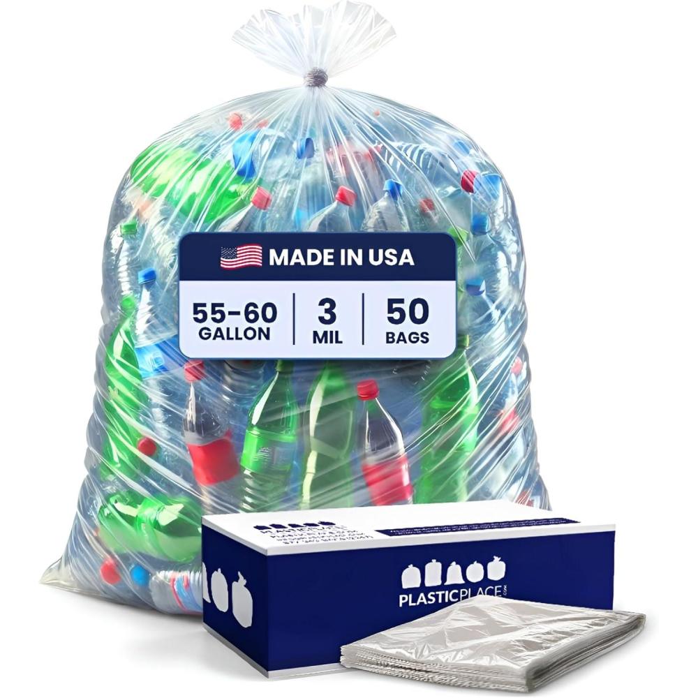 image:imagePlasticplace Contractor Trash Bags 5560 Gallon 30 Mil Black Heavy Duty Garbage Bag 38 X 58 50CountClear