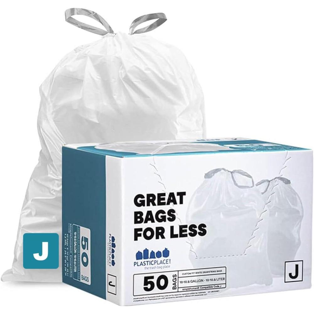 image:imagePlasticplace Custom Fit Trash Bags Compatible with Simplehuman Code J 10105 Gallon Drawstring Garbage Bags TearResistant 200 Count White Trash Can Liners for Kitchens Bathrooms amp Offices50 Count Pack of 1