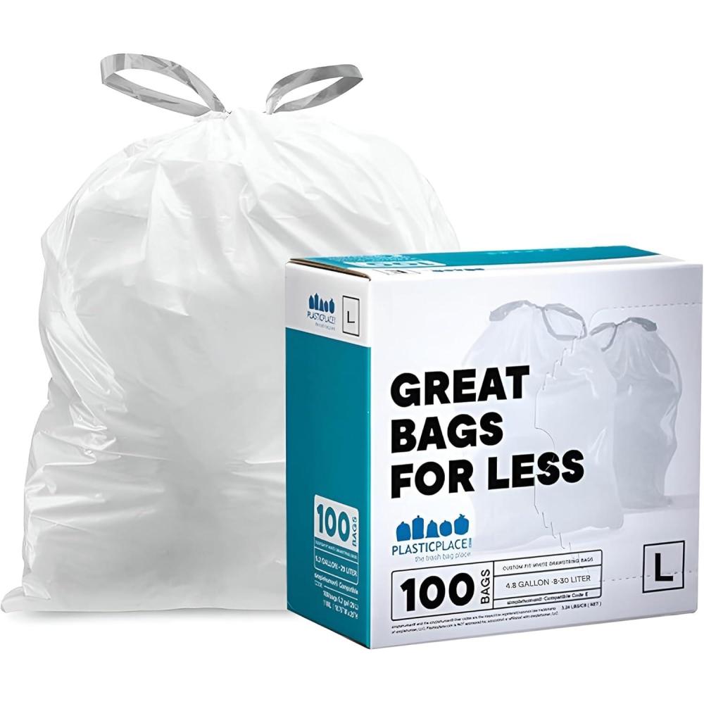 image:imagePlasticplace Custom Fit Trash Bags Compatible with Simplehuman Code L 200 Count White Drawstring Garbage Liners 48 Gallon 18 Liters 1675 x 245White