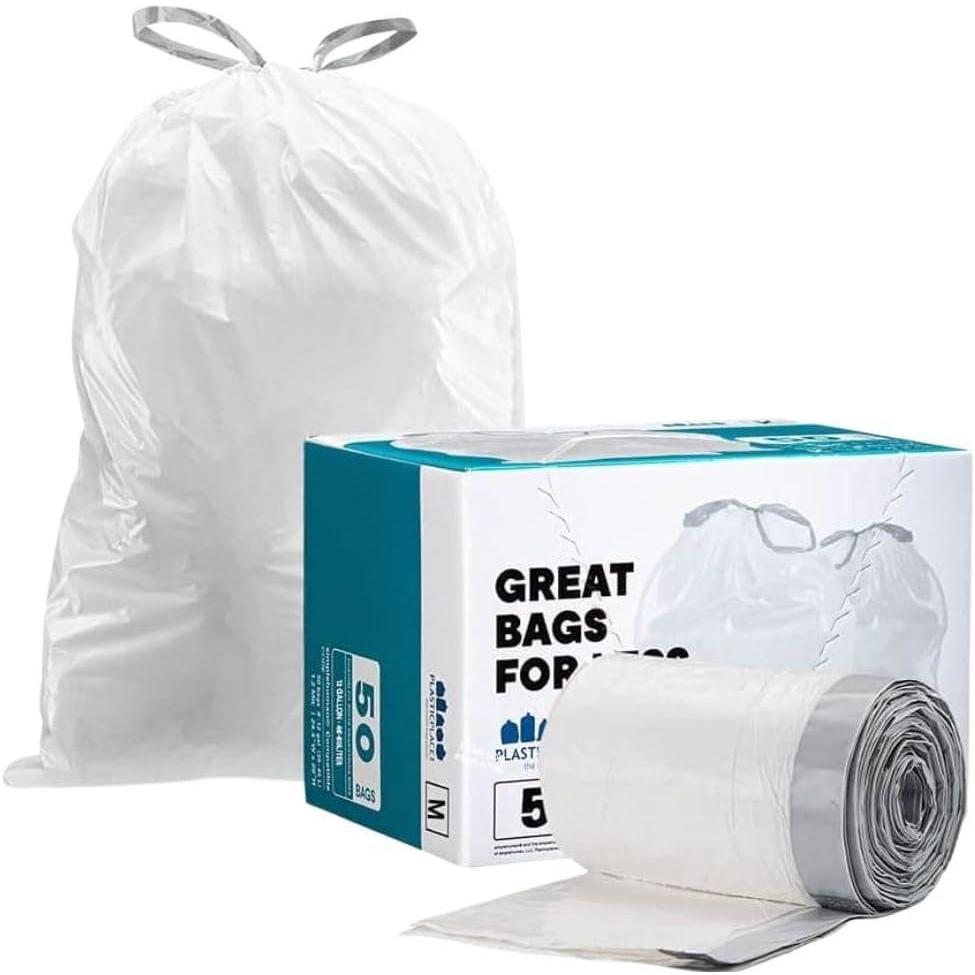 image:imagePlasticplace Custom Fit Trash Bags Compatible with Simplehuman Code M 12 Gallon Drawstring Garbage Bags 200 Count TearResistant Trash Can Liners for Kitchen and Office 12 Mil White 21 x 305White