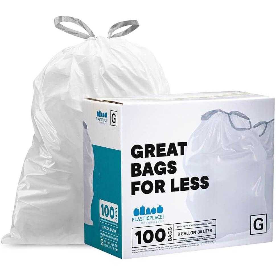 image:imagePlasticplace Custom Fit Trash Bags Compatible with simplehuman Code G 100 Count White Drawstring Garbage Liners 8 Gallon 30 Liters 175 x 28White