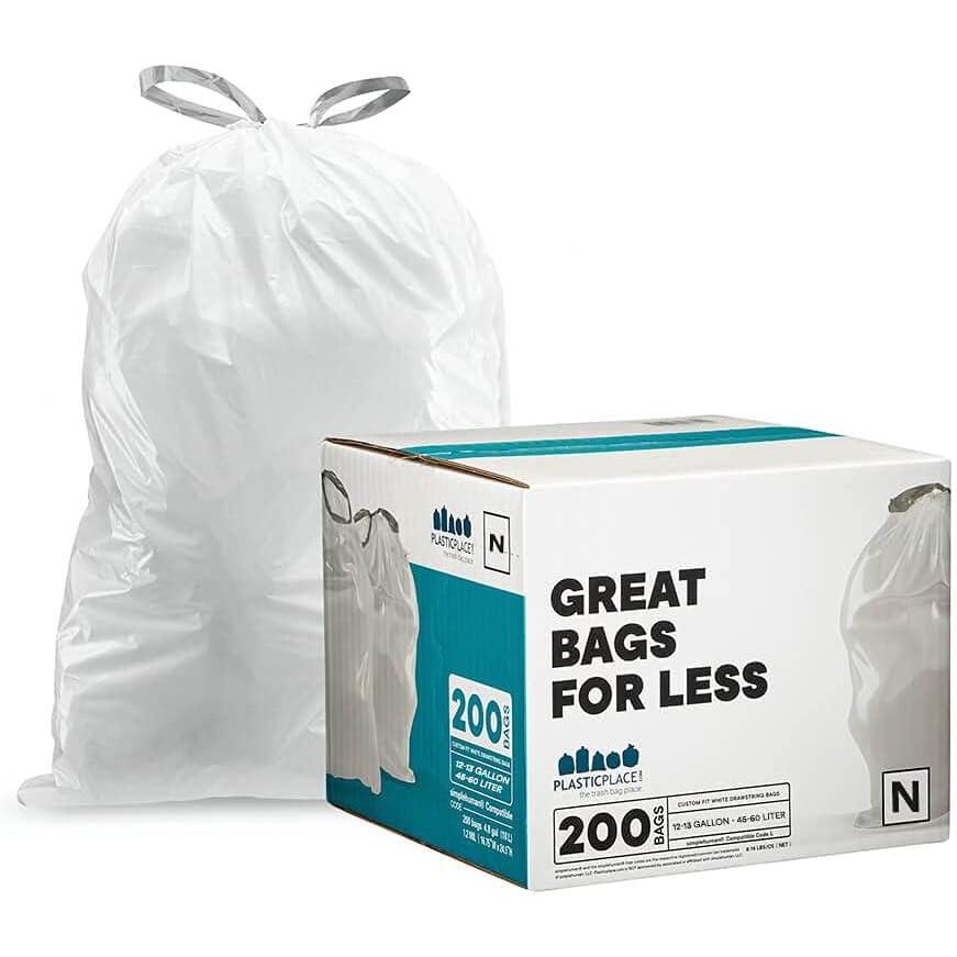 image:imagePlasticplace Custom Fit Trash Bags Compatible with simplehuman Code N 50 Count White Drawstring Garbage Liners 1213 Gallon 4550 Liters 225 x 3151 Count Pack of 200