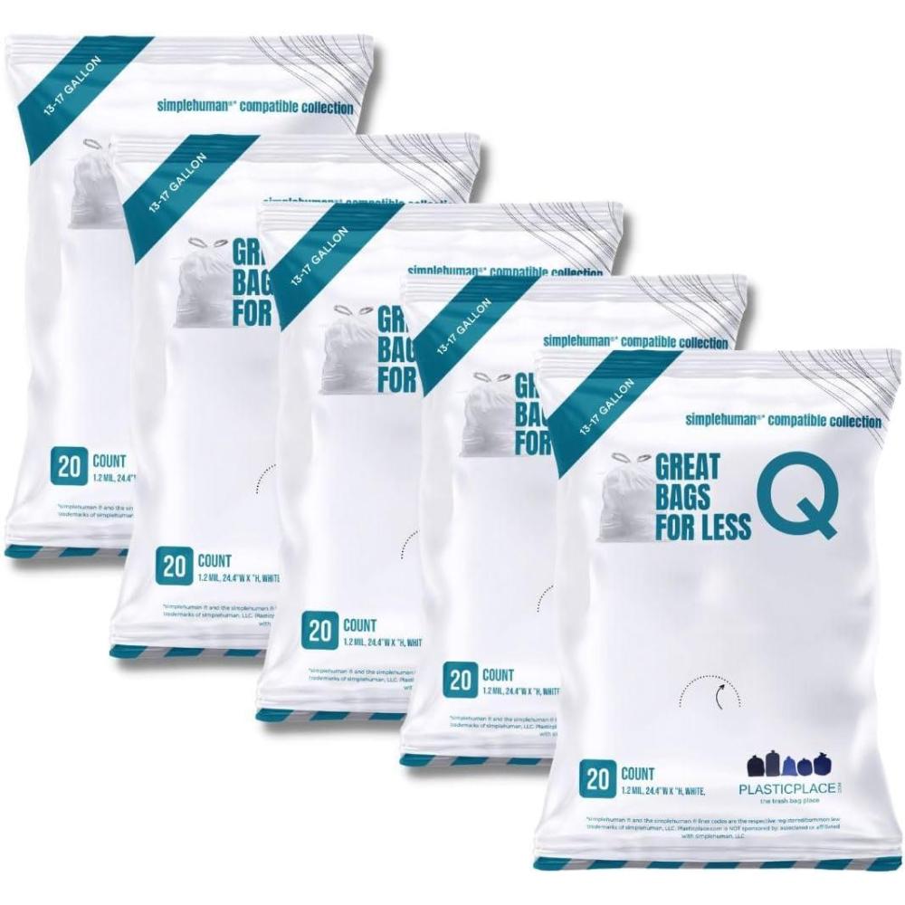 image:imagePlasticplace Custom Fit Trash Bags Compatible with simplehuman Code Q 200 Count Drawstring Garbage Bags 1317 Gallon White TearResistant Tall Kitchen Trash Bags for Garbage Cans Recycling 12 MilUnscented
