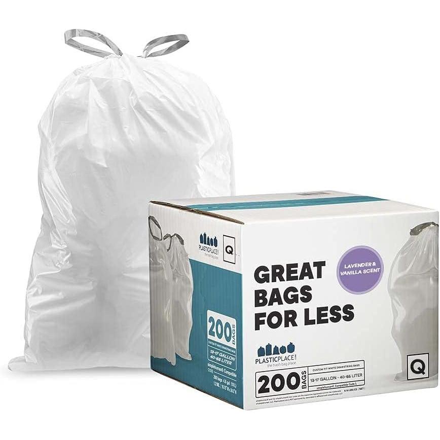 image:imagePlasticplace Custom Fit Trash Bags Compatible with simplehuman Code Q 200 Count Drawstring Garbage Bags 1317 Gallon White TearResistant Tall Kitchen Trash Bags for Garbage Cans Recycling 12 MilLavender and Soft Vanilla