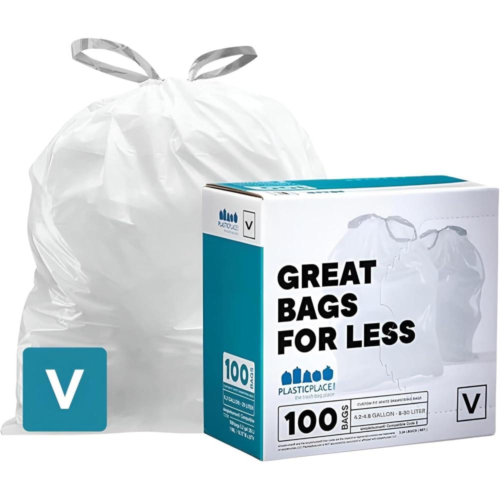 image:imagePlasticplace Custom Fit Trash Bags Compatible with simplehuman Code V 100 Count White Drawstring Garbage Liners 4248 Gallon 1618 Liter 145 x 275White