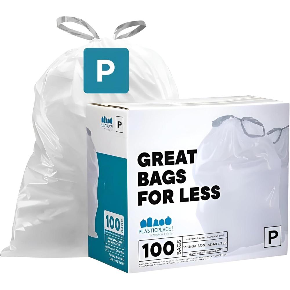 image:imagePlasticplace Drawstring Trash Bags Compatible with simplehuman Code P White Garbage Liners 1316 Gallon 5060 Liter 235 x 315 200 CountWhite