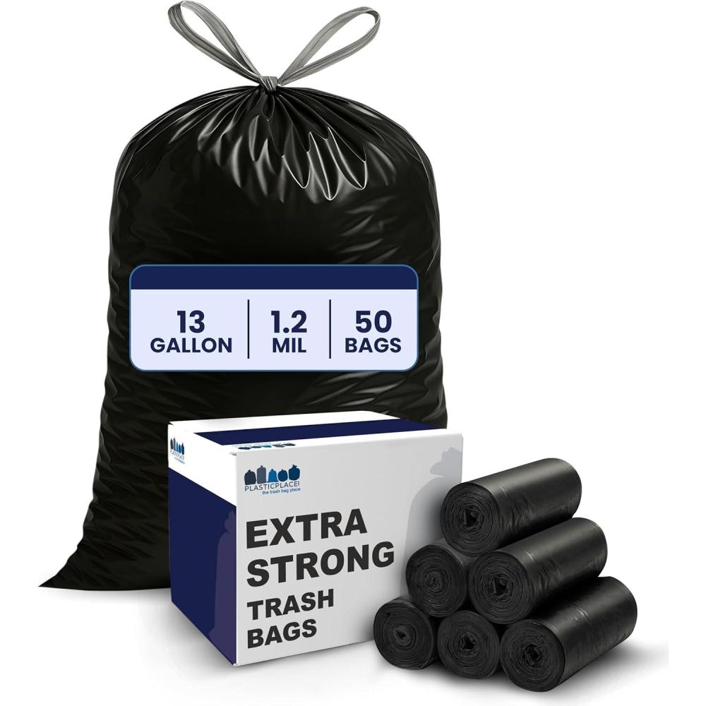 image:imagePlasticplace W13DSBKJR 13 Gallon Trash Bags  12 Mil  50 Count Black Extra Tall Garbage Can Liners  24 x 31Black