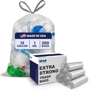Plasticplace 13 Gallon Trash Bags │ 1.0 Mil │ Clear Extra Tall Drawstring Garbage Can Liners │ 24″ x 31″ (200 Count)