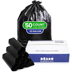 Plasticplace 32 Gallon Trash Bags Garbage Can Liners for Toter, Heavy Duty Contractor Black Garbage Bags, Tear-Resistant, Leak-Proof, Extra Large Can Liners, 44” x 54”, 50 Count Trashbags 1.2 Mil