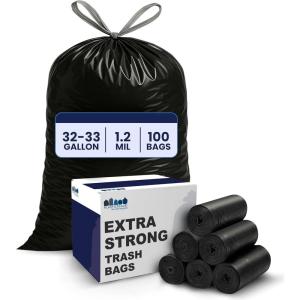 Plasticplace 32-33 Gallon Trash Bags │ 1.2 Mil │ Drawstring Garbage Can Liners │ 33” x 39”, Black, 100 Count