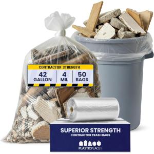 Plasticplace 42 Gallon Contractor Trash Bags │ 4.0 Mil │Clear Heavy Duty Garbage Bags │ 33″ x 48″ (50 Case)