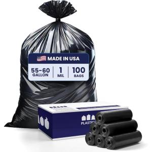 Plasticplace 55-60 Gallon Trash Bags │ 1.0 Mil │ Black Heavy Duty Garbage Can Liners │ 38” x 58” (100 Count)(1.0 mil.)