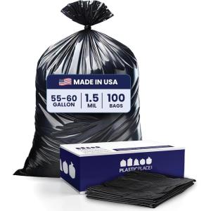 Plasticplace 55-60 Gallon Trash Bags │ 1.0 Mil │ Black Heavy Duty Garbage Can Liners │ 38” x 58” (100 Count)(1.5 mil. – 36″ x 58″)
