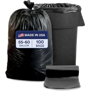 Plasticplace 55-60 Gallon Trash Bags, Heavy Duty Black Garbage Bags, 100 Count for Lawn, Yard, and Outdoor Waste Disposal, Ideal for Industrial Trash Cans, Contractors, and Home Improvement Projects(Black)