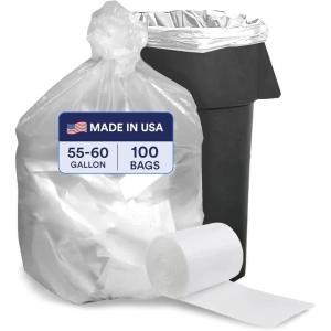 Plasticplace 55-60 Gallon Trash Bags, Heavy Duty Black Garbage Bags, 100 Count for Lawn, Yard, and Outdoor Waste Disposal, Ideal for Industrial Trash Cans, Contractors, and Home Improvement Projects(Clear)
