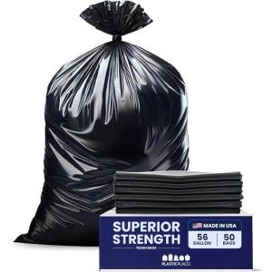 Plasticplace 56 Gallon Trash Bags │ 2.0 Mil │ Black Heavy Duty Liners, Fits Glutton Garbage Can │ 43” x 46” (50 Count)