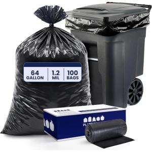 Plasticplace 64-65 Gallon Trash Can Liners for Toter │ 1.2 Mil │ Black Heavy Duty Garbage Bags │ Rolls │ 50” x 60” (100 Count)